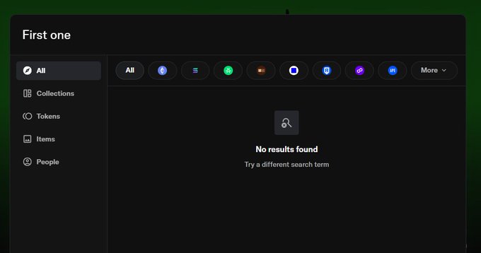 A dark-themed search interface for a platform called 'First one', showing various blockchain network filter icons (Ethereum, Polygon, etc.) and a 'No results found' message.