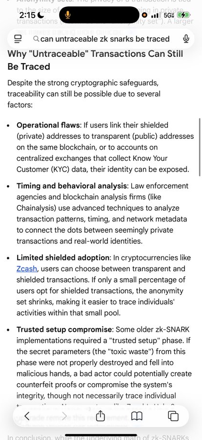 The image shows a cell phone screen displaying an article titled "Why Untraceable Transactions Can Still Be Traced". The text of the article explains that untraceable transactions can still be traced, even if they are untracked, due to the existence of certain patterns and behaviors in the transactions. These patterns may include IP addresses or other identifiable information about the users involved in the transaction.