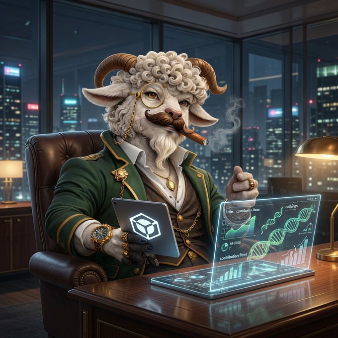 A digital illustration of a sophisticated anthropomorphic ram wearing a monocle, mustache, and green suit, smoking a cigar while viewing crypto charts and a 3D cube logo on futuristic holographic screens.