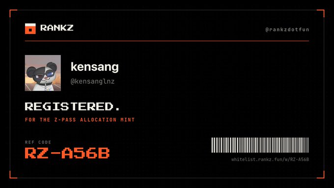 A black and orange ticket for 'RANKZ' registered to 'kensang' (@kensanglnz) for a Z-PASS allocation mint, featuring the ref code 'RZ-A56B' and a barcode.