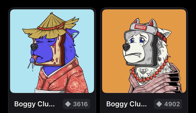 Two NFT profile pictures are displayed in cards. The left features a blue bear-like character wearing a straw hat and red kimono, and the right shows a white dog-like character in headgear, both labeled 'Boggy Clu...' with prices of 3616 and 4902 diamonds.