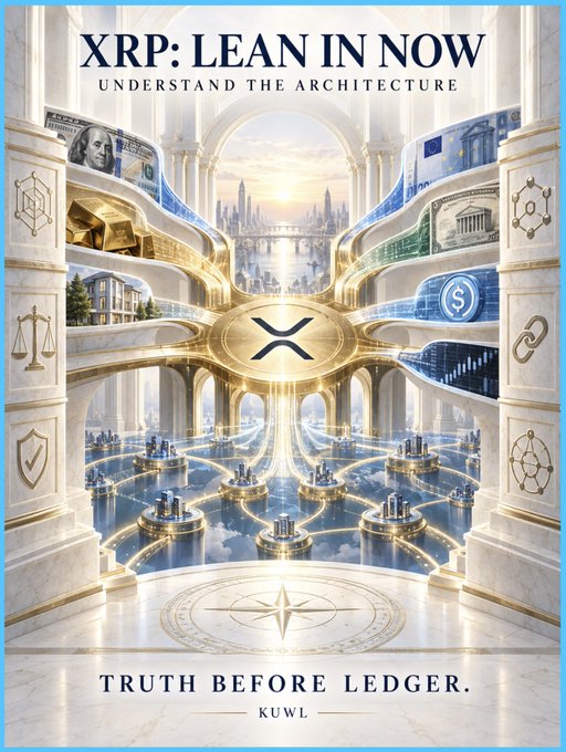 A promotional graphic titled "XRP: LEAN IN NOW — UNDERSTAND THE ARCHITECTURE" with the tagline "TRUTH BEFORE LEDGER" and "KUWL" branding, depicting a grand classical interior with columns, arches, and a central XRP logo surrounded by imagery of currencies, banks, scales of justice, and a network of interconnected platforms representing the bridging architecture.

The image visually reinforces the post's theme by portraying XRP not as a mere tradable asset but as the structural backbone of a vast financial network—galleries of currencies, banks, and justice motifs converge around the XRP emblem, symbolizing its role as neutral bridge liquidity connecting ledgers, stablecoins, and tokenized assets into a unified architectural whole.