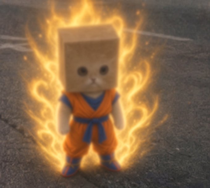A small figurine of a cat with a cardboard box on its head, wearing an orange martial arts uniform, surrounded by a glowing aura of flames.