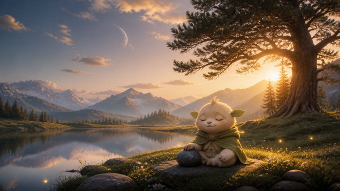 A fantasy digital illustration depicts a cute, sleeping sheep-like creature wearing a green cloak sitting by a tranquil lake with mountains and a crescent moon in the background.