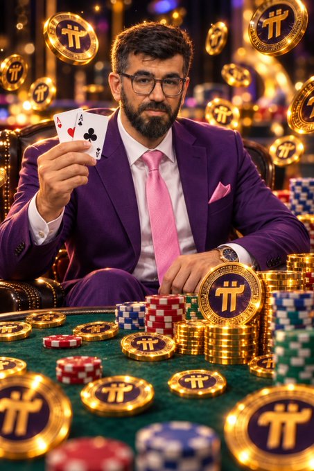 A bearded man in a purple suit and pink tie holds up two aces at a green felt poker table, surrounded by flying golden Pi Network coins, stacked chips, and casino lights. The image visualizes the post's message about Pi Coin's rapid expansion within the Playnance Web3 gaming ecosystem, blending the gambling aesthetic with the cryptocurrency branding.