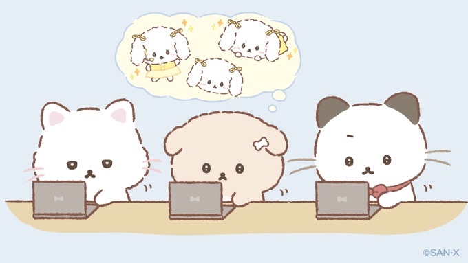 Three cute San-X characters—a white cat, a fluffy dog, and a panda wearing a red bow—sit at laptops, with the cat dreaming about fluffy white puppies wearing bows, perfectly capturing the excited "inner chatter" of counting down the days to a fated meeting.