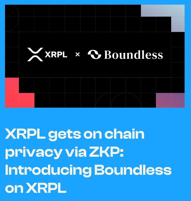 Promotional graphic with the XRPL and Boundless logos on a dark background, with text reading 'XRPL gets on chain privacy via ZKP: Introducing Boundless on XRPL' on a blue lower section.