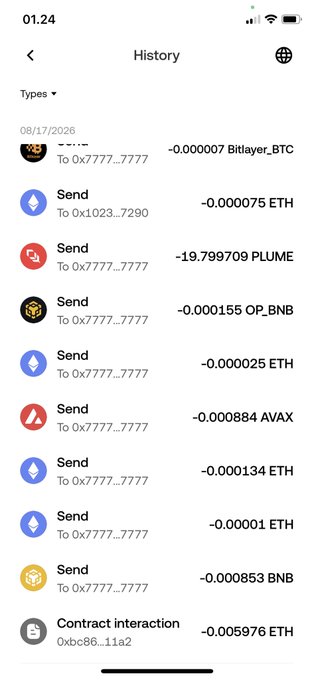 A crypto wallet history screen showing various 'Send' transactions for tokens including Bitlayer_BTC, ETH, PLUME, OP_BNB, AVAX, and BNB, along with a contract interaction.