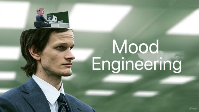 A promotional image featuring a man in a suit with an animated figure sitting on his head operating a machine, overlaid with the text 'Mood Engineering' and labeled as made by Grok.