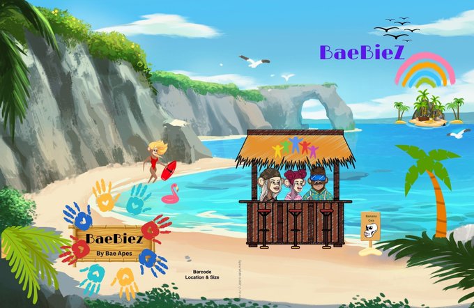Colorful cartoon illustration of a tropical beach scene featuring a tiki hut labeled 'BaeBieZ' and 'BaeBieZ By Bae Apes', with characters, a rainbow, and handprints. Text 'Barcode Location & Size' is also visible.