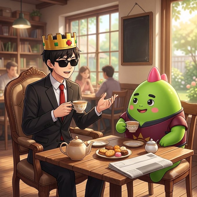 An anime-style illustration of a man in a suit, sunglasses, and a crown having a tea party with a green creature wearing a purple bib in a cozy café.