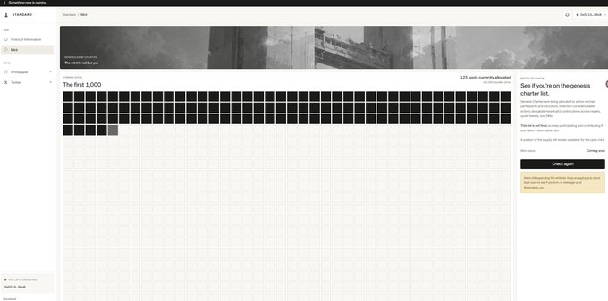 A screenshot of the Standard NFT minting website shows the "The first 1,000" mint page with a grid displaying 1,125 units currently allocated (out of 1,000 in the title) and a prompt inviting users to "See if you're on the genesis charter list" by entering their wallet address. The grid is partially filled with black squares at the top, while the post's caption indicates the user has secured a whitelist spot and is exploring the project's mechanics.