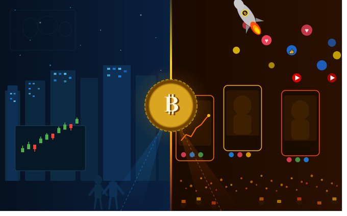 A split-screen illustration contrasting a nighttime cityscape with stock trading charts on the left against a dark space-themed scene with smartphones displaying user profiles, a rocket, and social media icons on the right, with a central Bitcoin coin bridging the two.