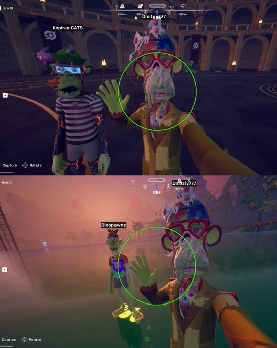 Screenshot from a virtual reality game showing two scenes with cartoonish avatars; the top scene has a player labeled 'Kopirax CATS' next to 'Dmitriy777', and the bottom scene shows 'Dinopawnz' alongside 'Dmitriy777' in a sunset environment, both with green circles drawn around faces.