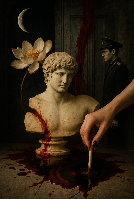 A dark surreal digital artwork depicting a classical stone bust of a male figure bleeding from the chest, with a white lotus flower, a crescent moon, and a hand holding a bleeding needle in the foreground, and a man in a military uniform in the background.