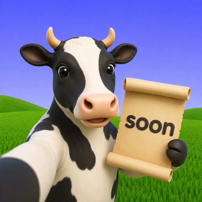 A 3D-rendered cartoon cow in a grassy field holds up a scroll reading "soon," teasing an imminent $COPE token launch on Solana and urging followers to prepare their wallets in advance.