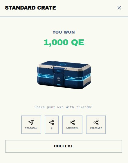 A digital 'STANDARD CRATE' loot box screen displays 'YOU WON 1,000 QE' with sharing options for Telegram, X, LinkedIn, and WhatsApp, plus a green 'COLLECT' button.