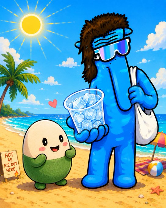 A colorful digital illustration of a blue cartoon character with long brown hair and sunglasses holding a bucket of ice, standing on a beach next to a small green creature near a 'Hot as ice out here' sign.