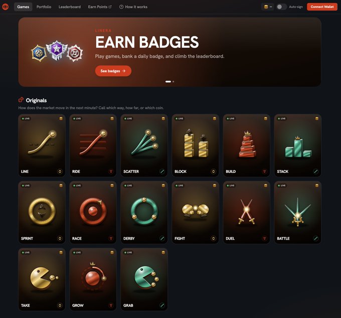 A screenshot of the LINERA gaming platform displaying an 'EARN BADGES' banner and various 'Originals' games including LINE, RIDE, SCATTER, BLOCK, and BUILD.