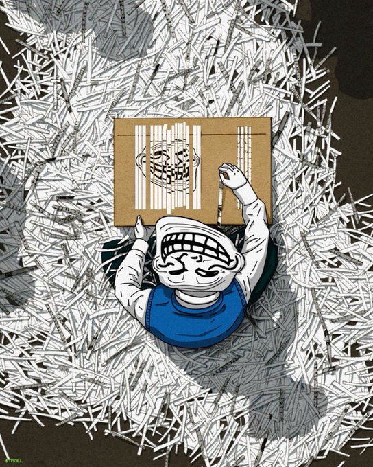 An illustration of a troll-face character sitting in a chair cutting up paper documents, surrounded by a massive pile of shredded paper.