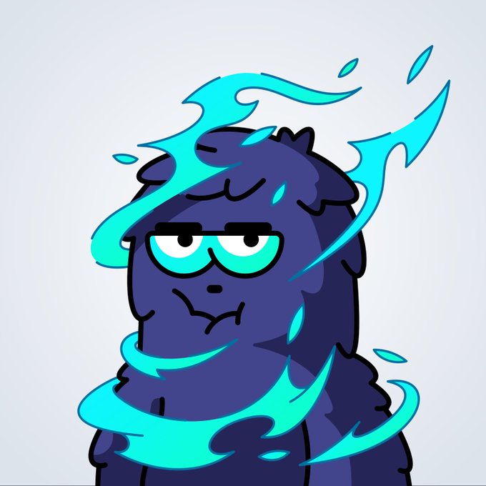 A cartoon illustration of a grumpy, dark blue character with half-closed turquoise eyes, surrounded by stylized, glowing cyan flames or water effects swirling around its head and body against a gray background.