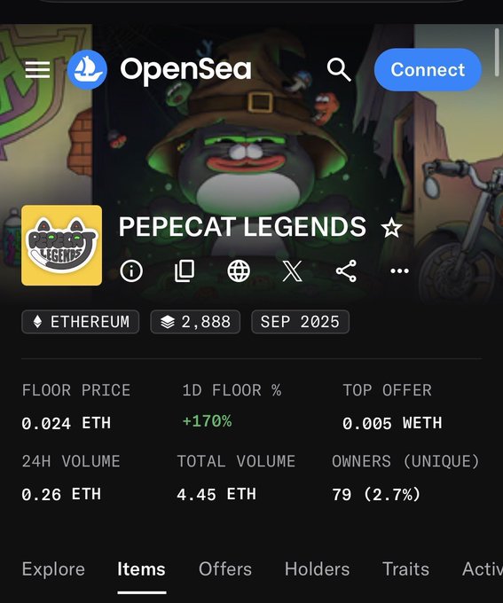 An OpenSea NFT marketplace page for the "PEPECAT LEGENDS" collection on the Ethereum blockchain, showing a floor price of 0.024 ETH with 2,888 items.