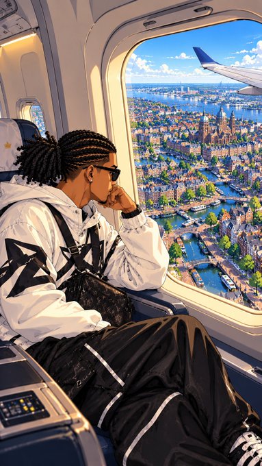An illustration of a man with dreadlocks and sunglasses sitting in an airplane seat, looking out the window at an aerial view of a European-style coastal city.