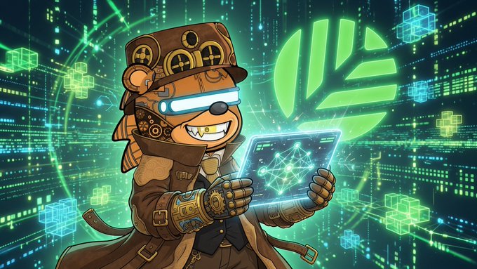 A digital illustration of a steampunk-style bear character with glowing green eyes and a hat, holding a tablet with a glowing network graph, set against a green digital background with cubes and the letters 'FX'.