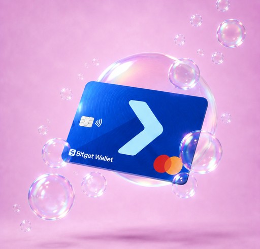A Bitget Wallet debit card floats inside a pink, iridescent bubble against a dreamy pastel background, showcasing the brand's "AssetBack" reward feature mentioned in the post—where users earn real financial assets like BTC or stocks instead of devaluing tokens or inflationary cashback.