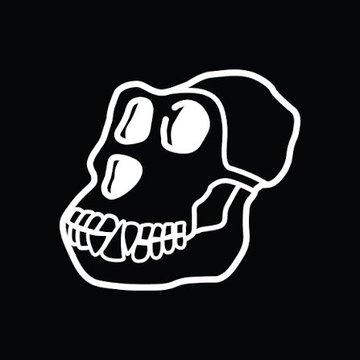A white line drawing of a stylized skull on a black background, featuring wide eyes and prominent teeth.