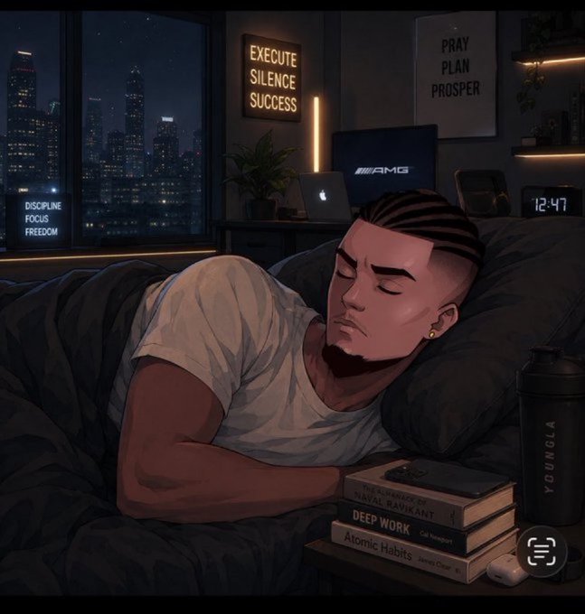 A young man with braided hair sleeps peacefully in his dimly lit bedroom at 12:47, surrounded by motivational signs reading "EXECUTE SILENCE SUCCESS" and "PRAY PLAN PROSPER," alongside books like "Atomic Habits" and a laptop displaying "AMG." The image mirrors the post's late-night contemplative mood, visually reinforcing the speaker's reflective musings about sovereign chains and CNPY Network before drifting off to sleep.
