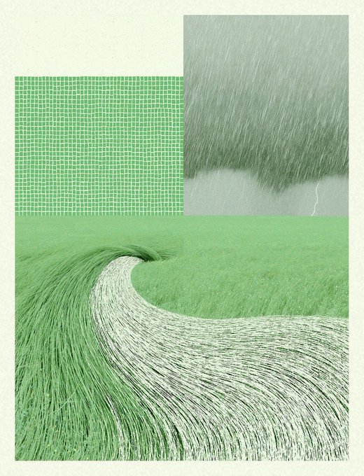 An abstract art collage featuring green tones, including a grid pattern in the upper left and textured grass-like brushstrokes forming a curved path shape.