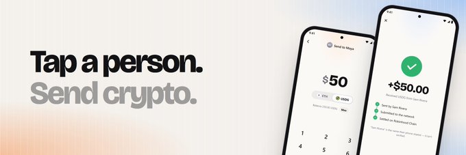 An advertisement showing two smartphones displaying a crypto payment app with the tagline 'Tap a person. Send crypto.'