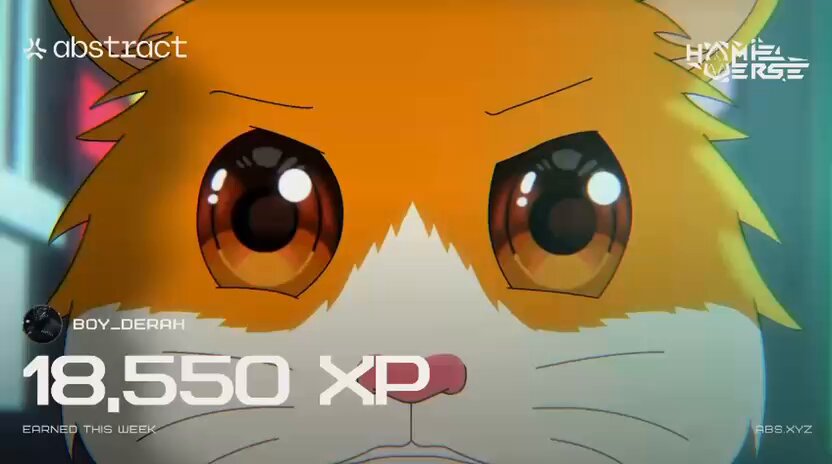 The image features an orange cat with white paws, giving it a cartoon-like appearance. The cat's eyes are wide open, giving it a surprised expression as if it has just been hit by a monster or something. The text on the image reads "Boy dera! 18,550 XP", which is likely a reference to the character Boy dera from the anime "@Abstract Chain". This character is known for his high XP and aggressive gameplay style.