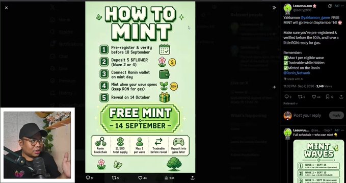 An infographic titled "HOW TO MINT" explaining steps for a free mint on September 14th, with sections including pre-registering, depositing $SFL, and minting on Ronin, alongside a Twitter post about "Yakkamon" and a streamer.