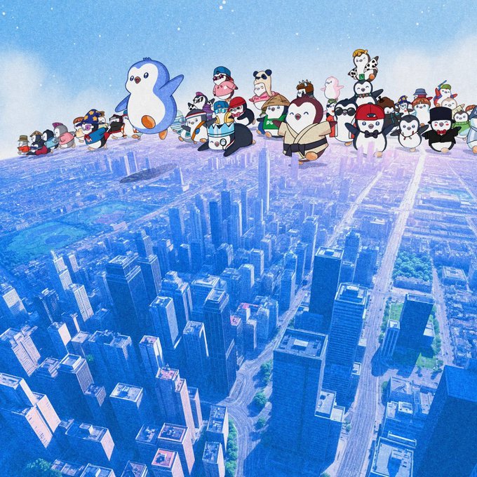 An anime-style illustration showing cartoon mascots, including a penguin and pandas, running across the curved horizon above a sprawling blue-tinted cityscape.