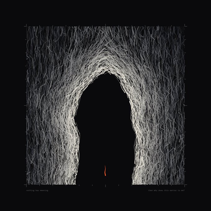 An artistic illustration depicting a silhouetted figure in a dark archway made of tangled gray roots or branches, with small text reading 'nothing has meaning,' and 'then why does this matter to me?'