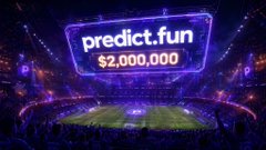 The image depicts a large stadium filled with an enthusiastic crowd, likely at a sports event or similar gathering. The central focus of the scene features a brightly lit scoreboard that announces "Predict.Fun" above a large field of grass where a soccer match is taking place. The text on the scoreboard reads "Prediction.Fun $2,000,000", indicating an early investment opportunity for individuals who spotted it soon enough to make their money grow. There's also a figure related to this promotion standing in front of the scoreboard, adding visual interest and context to the event being advertised.