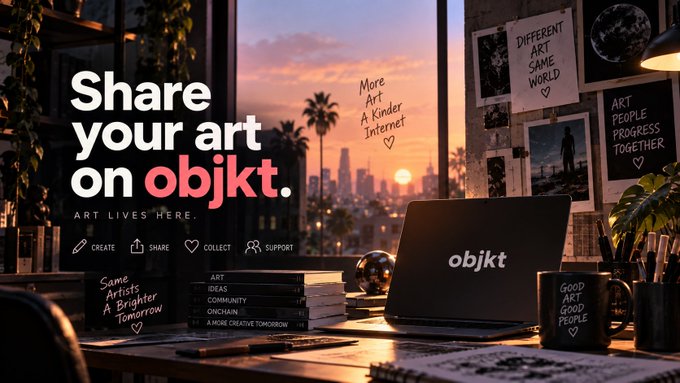 An advertisement banner for the NFT platform 'objkt' with the tagline 'Share your art on objkt' and 'ART LIVES HERE' displayed over a sunset cityscape and desk scene.
