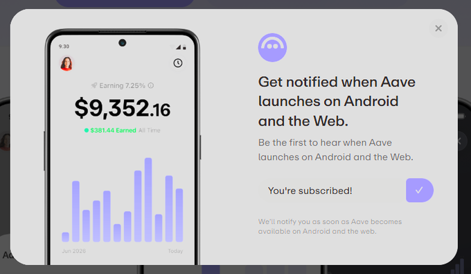 Aave app screenshot showing $9,352.16 earnings with $381.44 all-time, alongside a popup notification 'Get notified when Aave launches on Android and the Web.' with the user already subscribed.