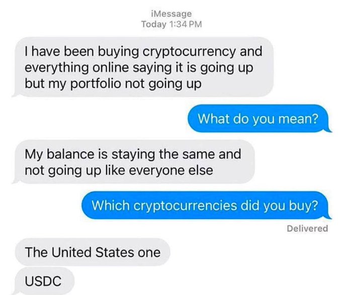 An iMessage text conversation where one person complains their cryptocurrency portfolio isn't going up; upon being asked which crypto they bought, they reply 'The United States one' / 'USDC'.