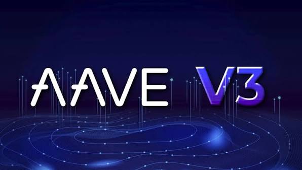 A promotional graphic for 'AAVE V3' with a dark blue cosmic/digital background featuring the Aave logo and stylized V3 text.