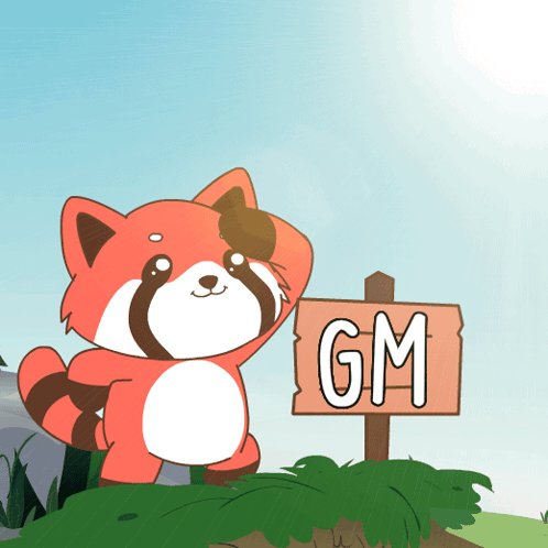 The image features a cartoon character, possibly a panda or a raccoon, standing on top of some grass with its paw raised up towards the sky. Behind this character, there's an orange sign that reads "GM". The scene takes place outdoors in front of a mountain range and a blue sky.
