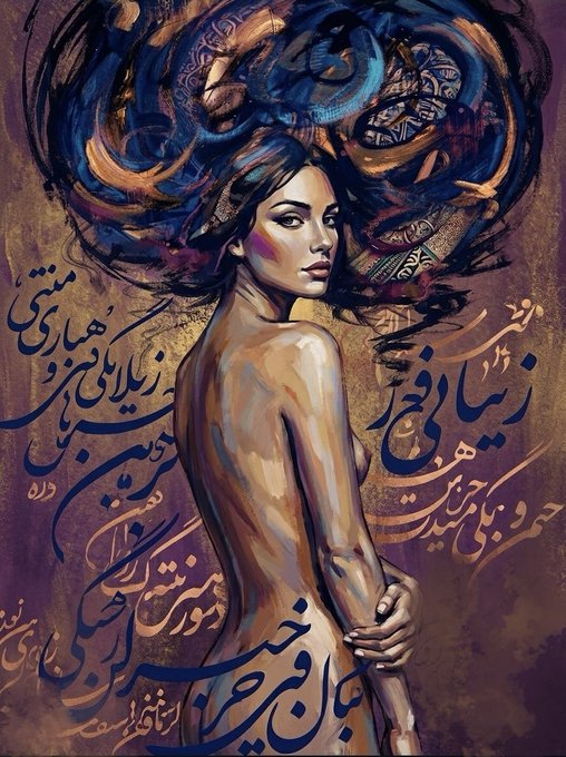 A mixed-media style painting of a nude woman from the back with flowing, ornate hair, surrounded by Arabic or Persian calligraphy on a purple-toned background.