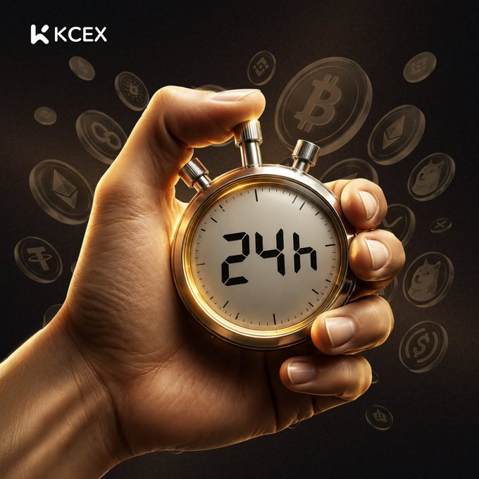 A hand grips a golden stopwatch displaying '24h' against a dark background surrounded by floating cryptocurrency coins, with the 'KCEX' logo in the top left corner.