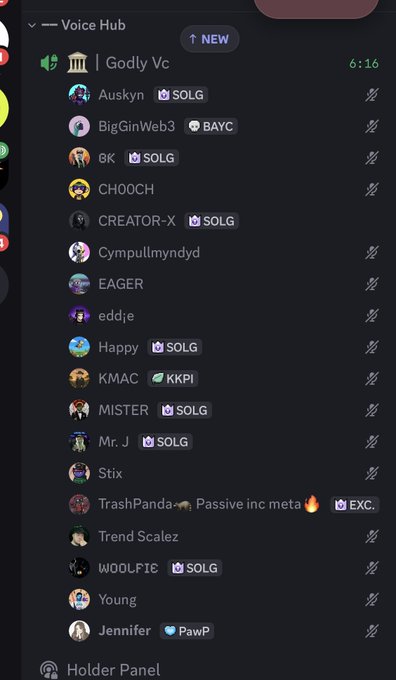 A Discord server voice channel interface titled 'Godly Vc' listing various users with NFT badges such as SOLG, BAYC, and EXC., including names like Auskyn, BigGinWeb3, and MISTER.
