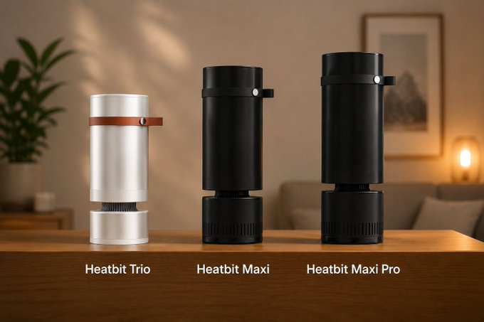 A product showcase image displaying three cylindrical coffee grinders labeled 'Heatbit Trio' (silver), 'Heatbit Maxi' (black), and 'Heatbit Maxi Pro' (black) sitting on a wooden table in a warmly lit room.