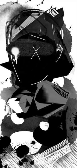 A black and white abstract/grunge style illustration featuring a hooded figure with X marks over the eyes, surrounded by geometric shapes, ink splatters, and line patterns.