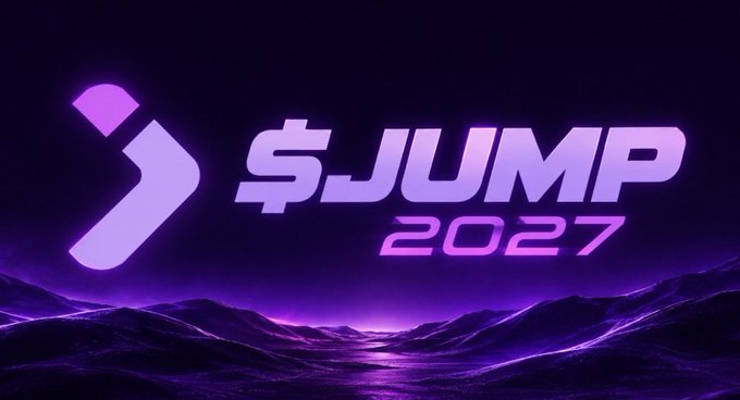 A futuristic purple graphic with glowing text "JUMP 2027" beside a stylized arrow logo, set against a mountainous landscape.