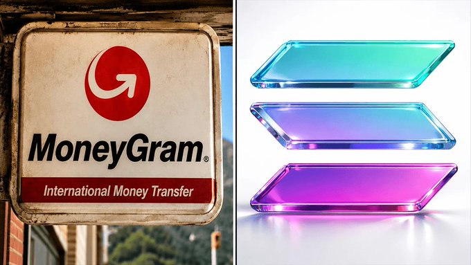A split image showing a vintage 'MoneyGram International Money Transfer' sign on the left and three holographic gradient panels in cyan, blue, and purple on the right.